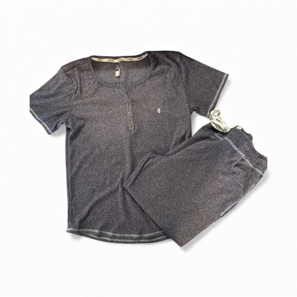Izod Womens M Gray Pajama Set With Henley Top & Drawstring Pants Ribbed Knit - Picture 2 of 4